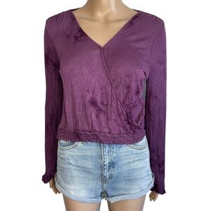 Adam Levine Purple Tie Dye V-Neck Wrap Front Flutter Long Sleeve Blouse Top